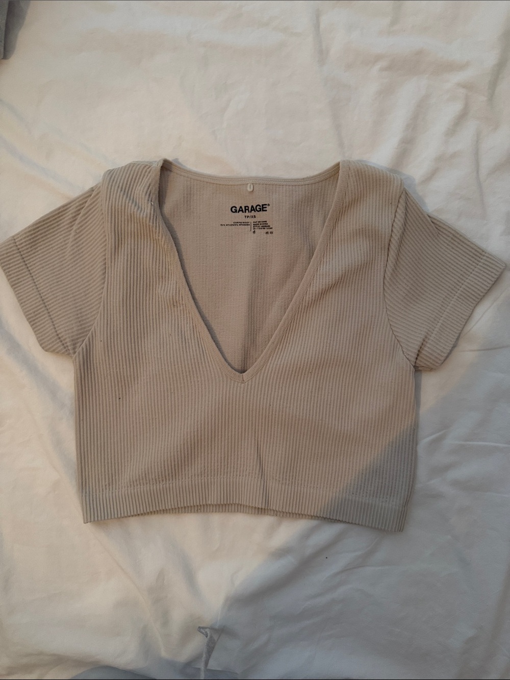 Garage Beige Ribbed V-Neck Cropped Tee